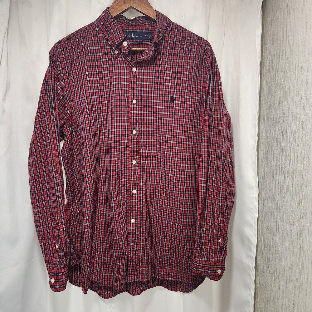Ralph Lauren Shirt Mens‎ Med 16.5 Classic Poplin Red Black Plaid L/S Button Down